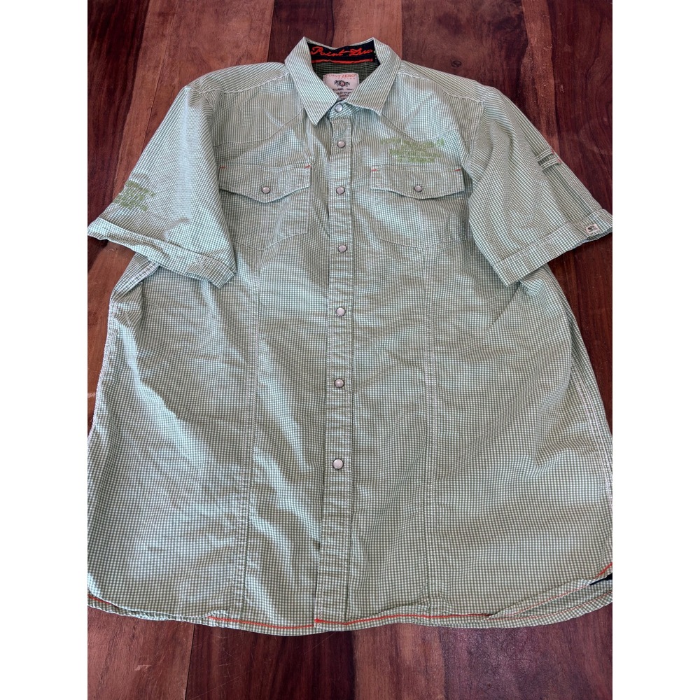 POINT ZERO snap front shirt mens XL green gingham short sleeve western semi fit